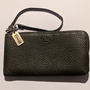 Coach Dark Olive Pebbled Leather Wristlet with Brass Tag